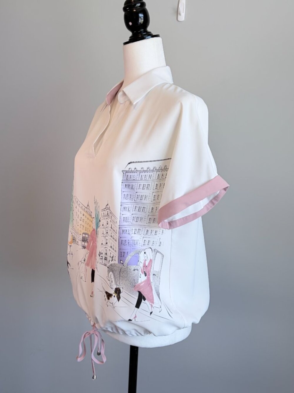 Aras Paris City Print Blouse Art Deco Collared Novelty Art White Pink Size 40 - Picture 7 of 13